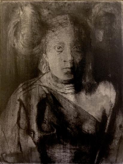 A Tewa Girl photographed by Edward Curtis in 1906. Half-length portrait, facing, , acrylic and graphite on canvas, 33x41 cm