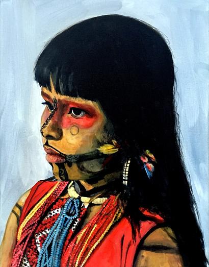 South America | Portrait of a Karajá_Iny girl with traditional painted face_Amazonian Brazil